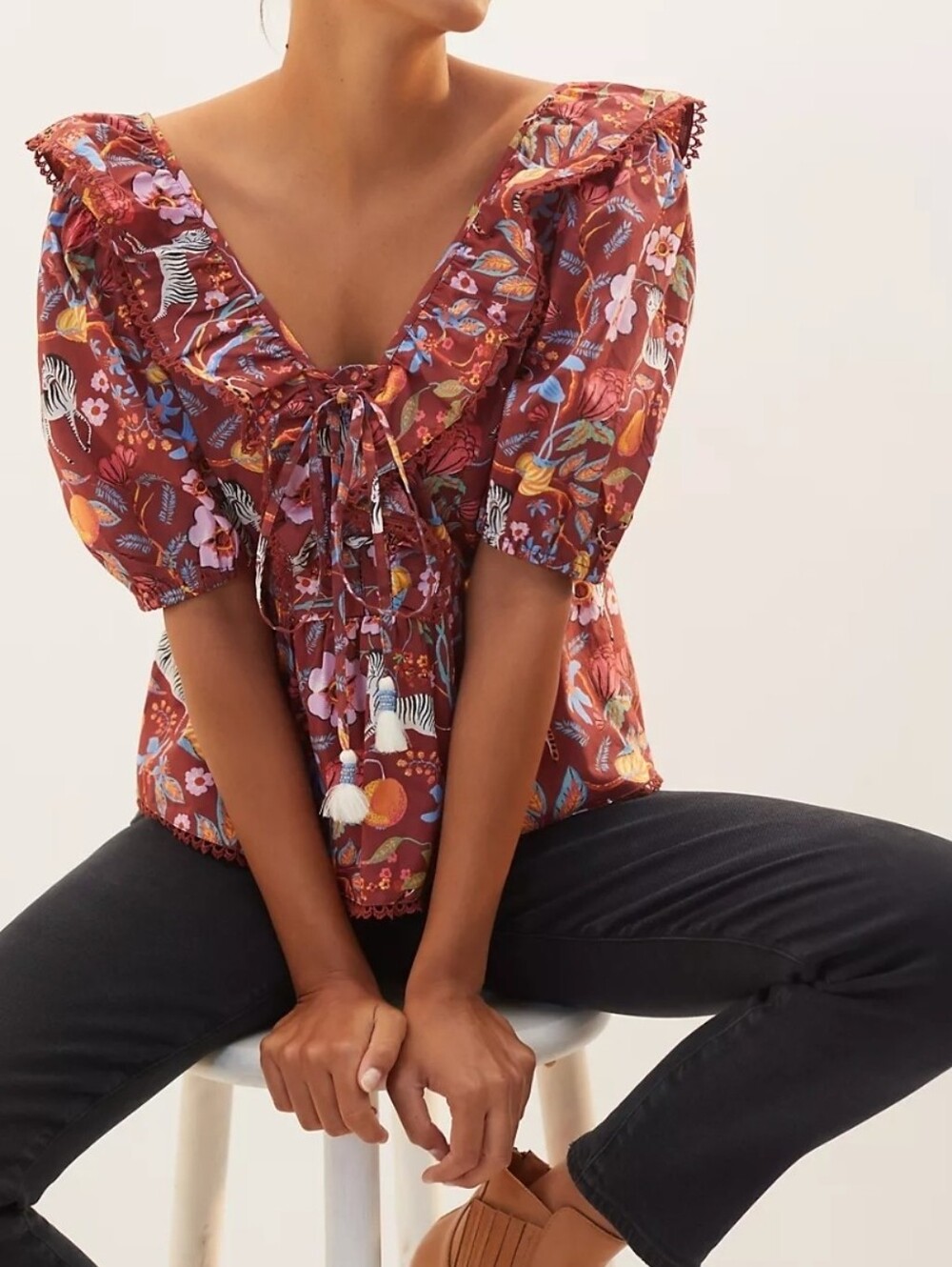 Anthropologie Maeve Ruffled Tie-Front Blouse vibrant safari animal floral Sz XL